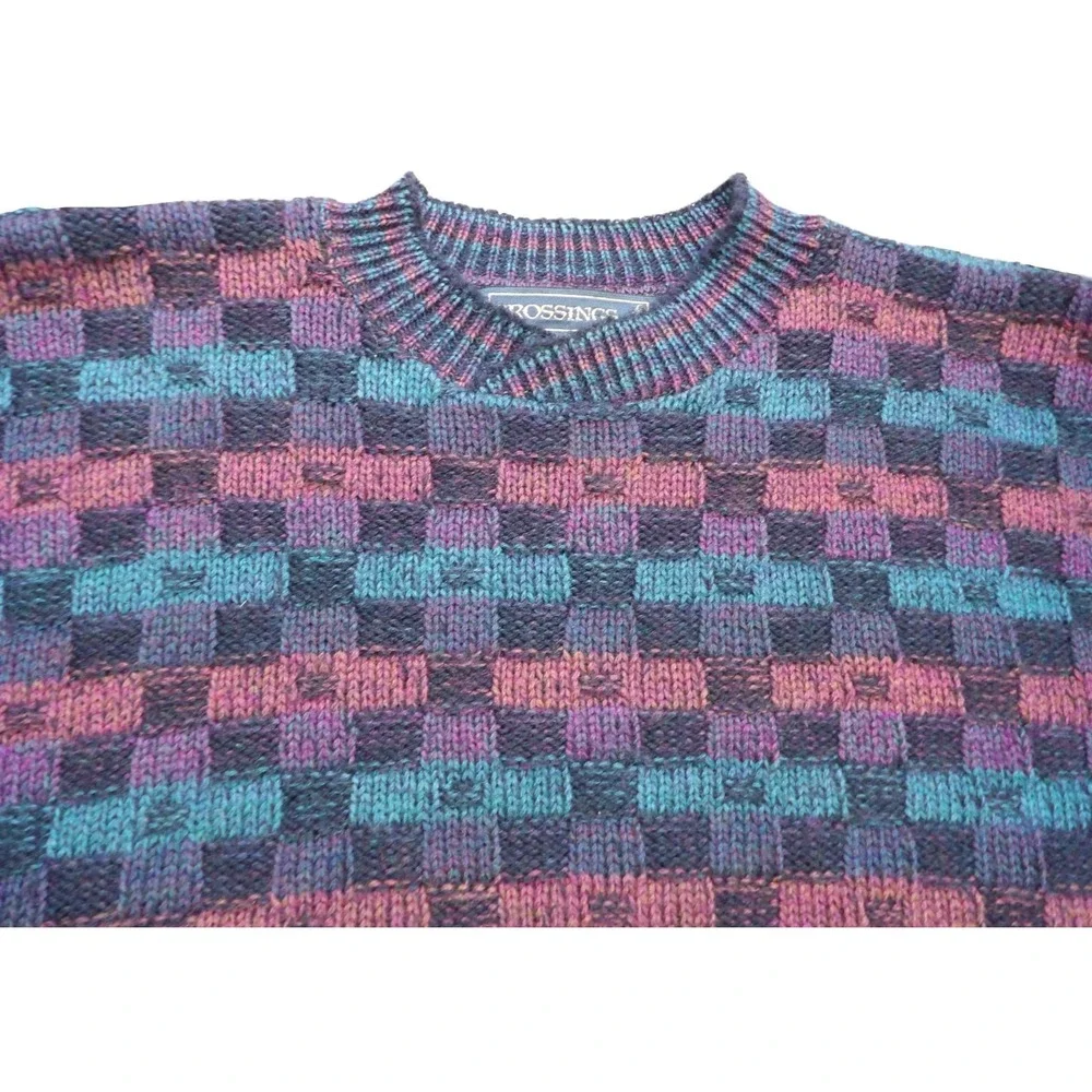 VTG Crossings Geometric Checkerboard Sweater Men L Made in USA 90s Knit Pullover